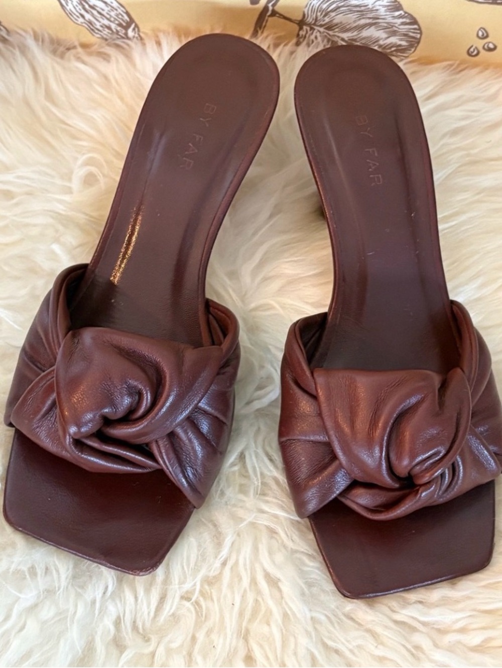 BY FAR Chocolate Brown Knotted Leather Slide Sandals